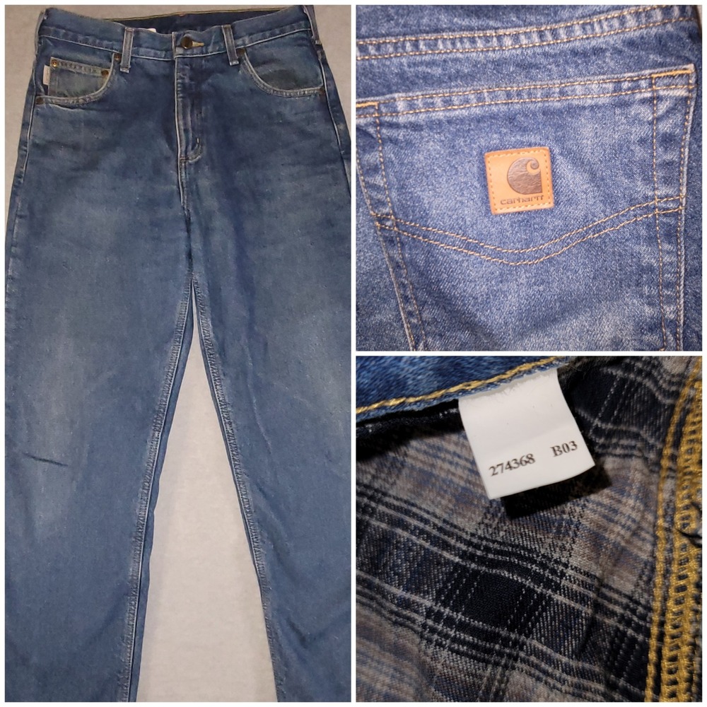 Carhartt Mens Fleece Lined Relaxed Fit Jeans Medium Wash Denim Plaid B03 32x29